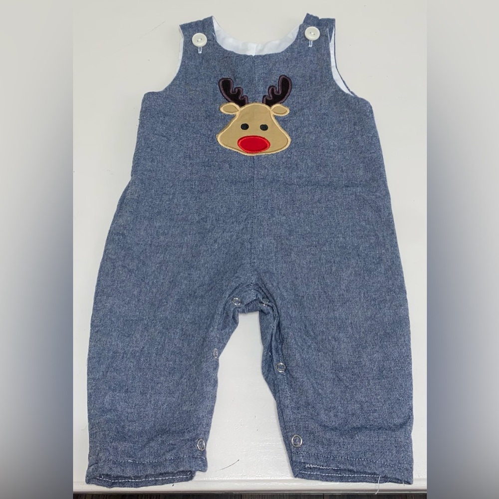 Lolly Wolly Doodle Denim Button-Up Christmas Reindeer Romper
